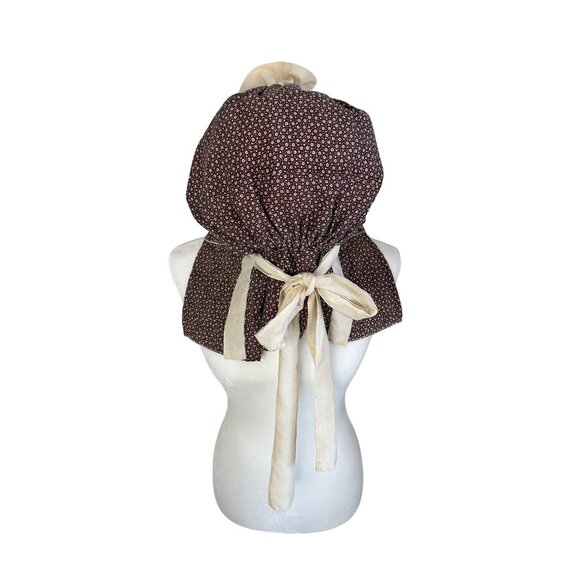 Vintage Handmade Brown Prairie Bonnet Cream Floral Pattern & Ruffle Trim ASO Lit - Picture 2 of 7